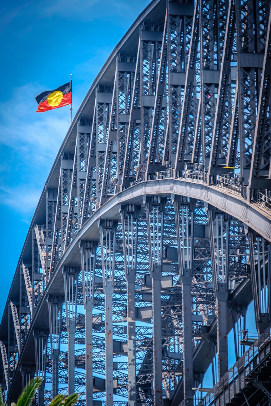 sydney harbor bridge with aboriginal flag